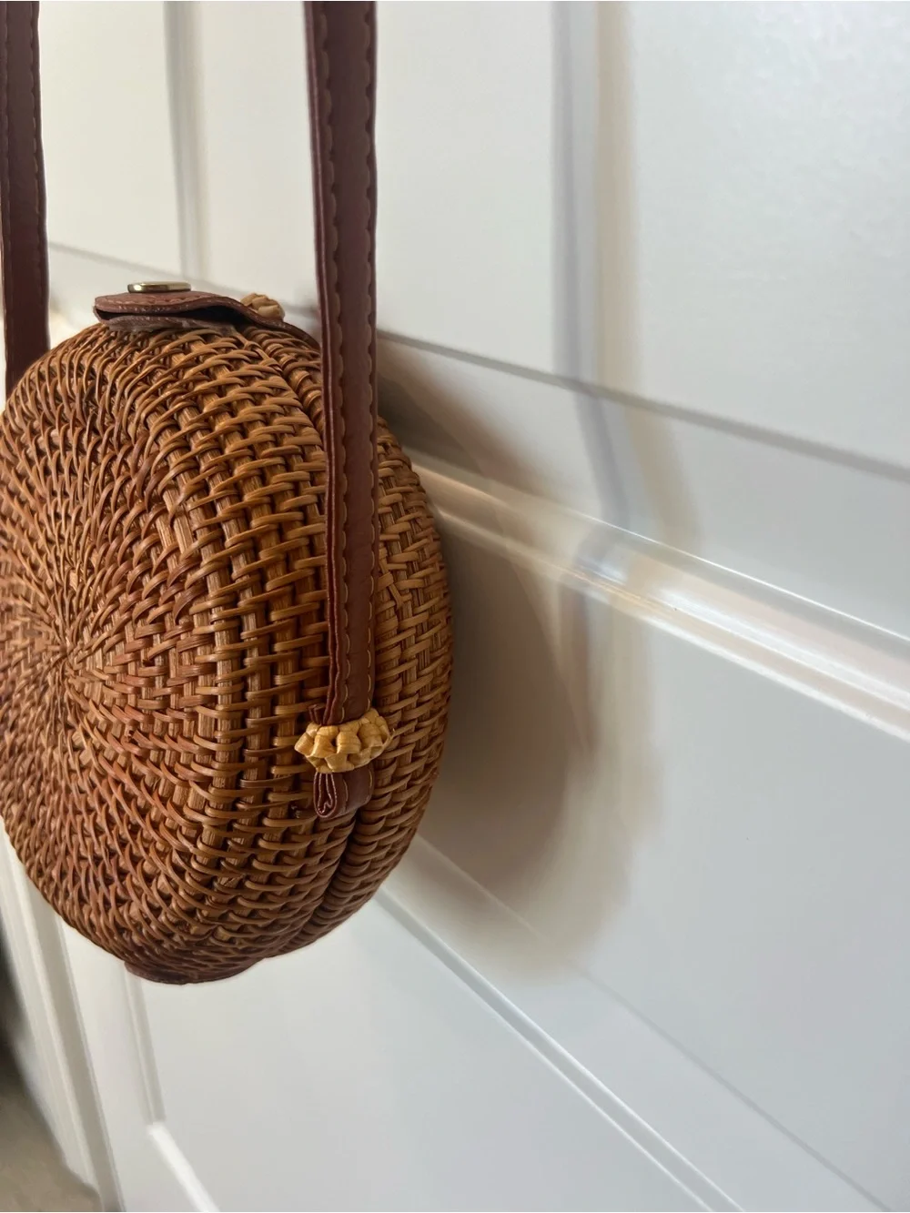 Round Rattan Woven Crossbody Bag in Brown